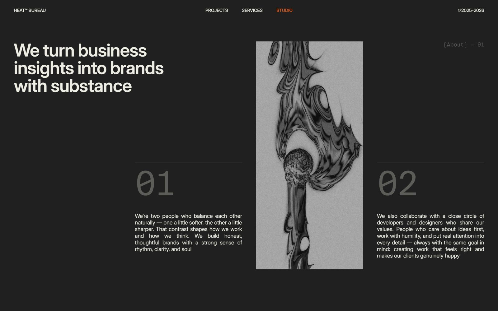 Black and white abstract art on the right. Bold text on the left: "We turn business insights into brands with substance." Numbers 01 and 02 below.