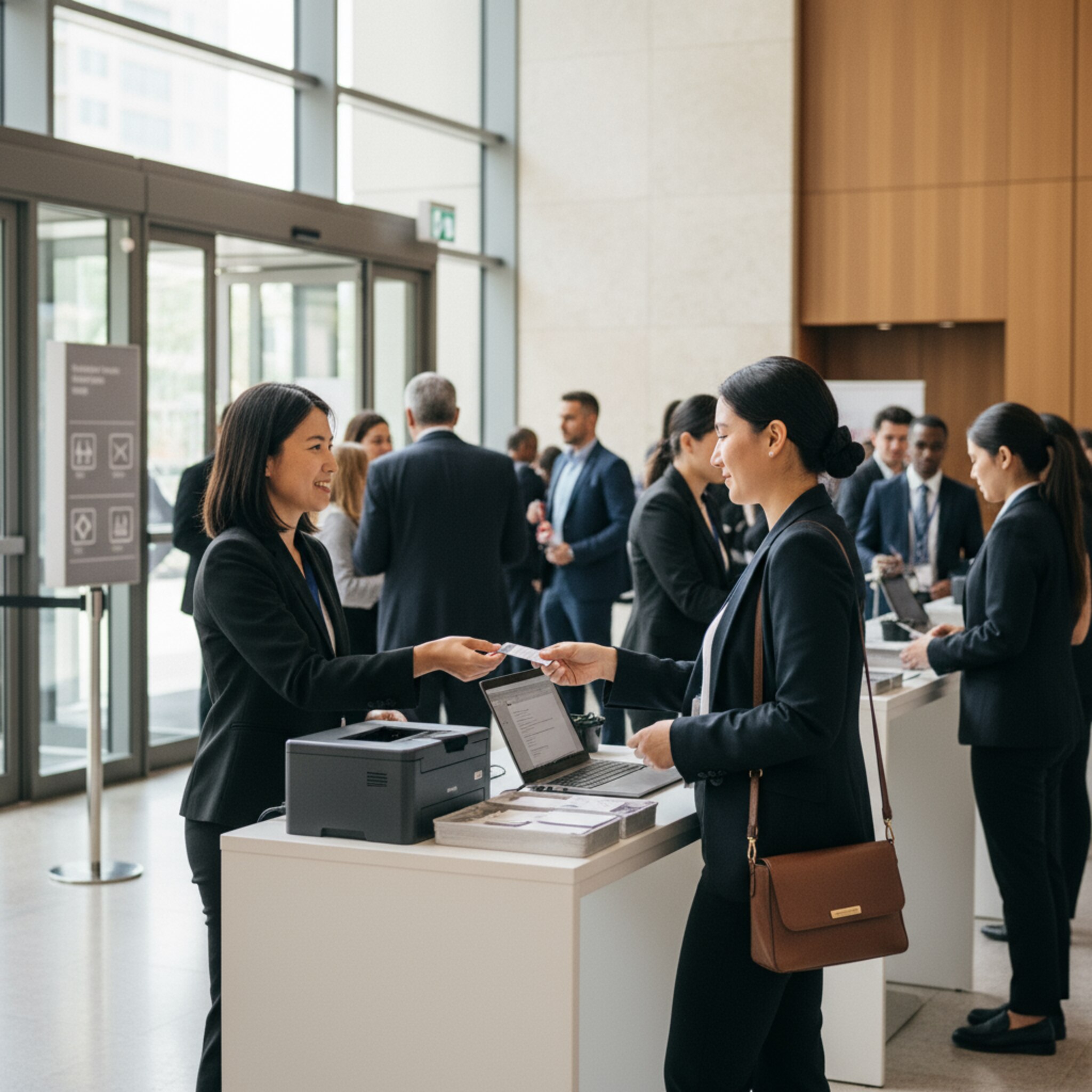 Eine Hostess reicht einem ankommenden Gast ein frisch gedrucktes Namensschild an einem schlichten Band. Im Hintergrund bewegen sich Teilnehmende zügig durch den Eingang. Die Übergabe ist fließend, ohne Hektik. Der Durchsatz ist sichtbar hoch und geordnet.