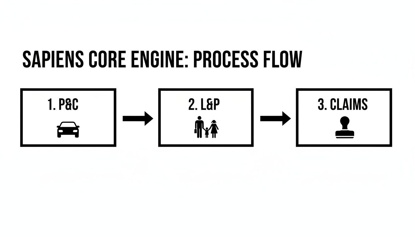 A Sapiens Core Engine process flow diagram showing steps for P&C, L&P, and Claims.