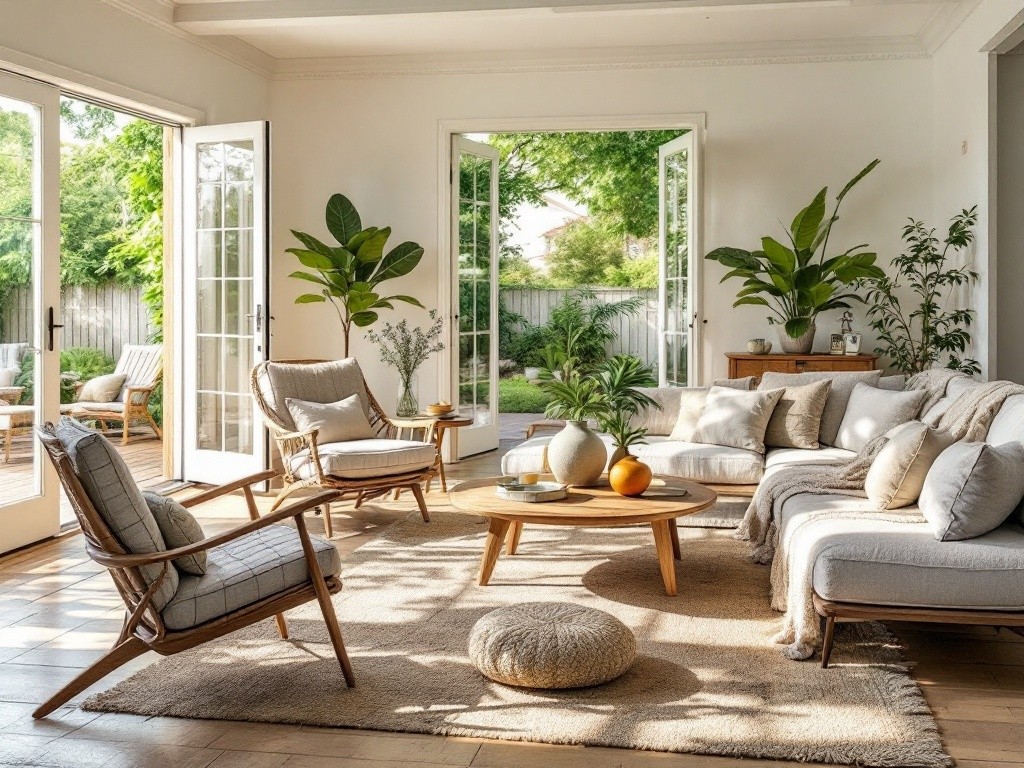 Sunlit living room with light beige sectional sofa and armchairs, wooden coffee table, and potted plants
