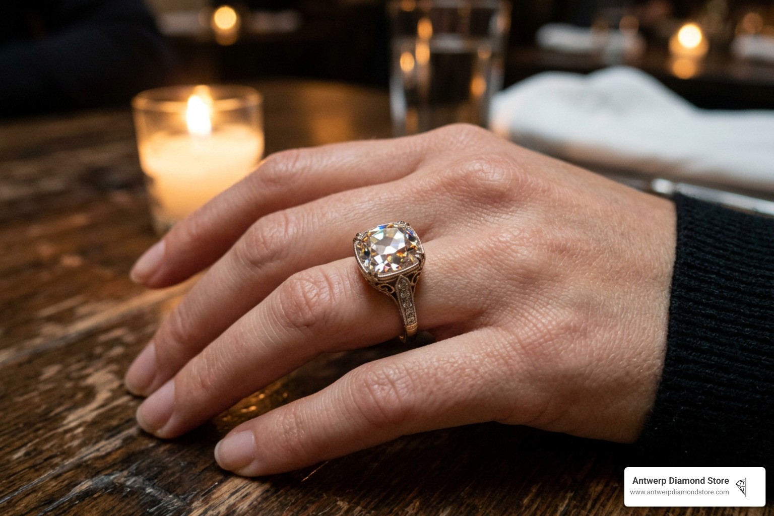 facet pattern and light return in an antique cushion ring