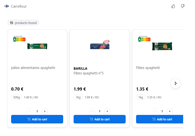 Carrefour GPT App response showing pasta options