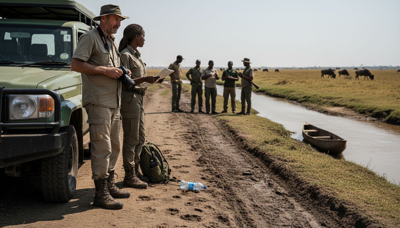 Travelers preparing for various safari types