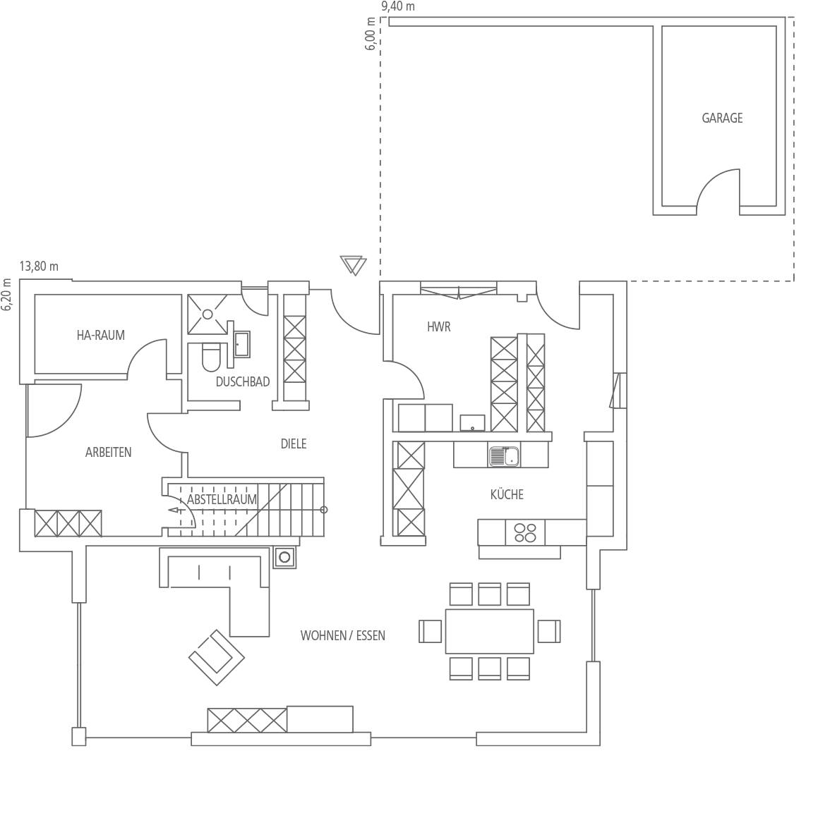 Grundriss eines Einfamilienhauses mit Bereichen für HA-Raum, Arbeiten, Duschbad, Diele, HWR, Küche, Wohnen/Essen sowie einer Garage.