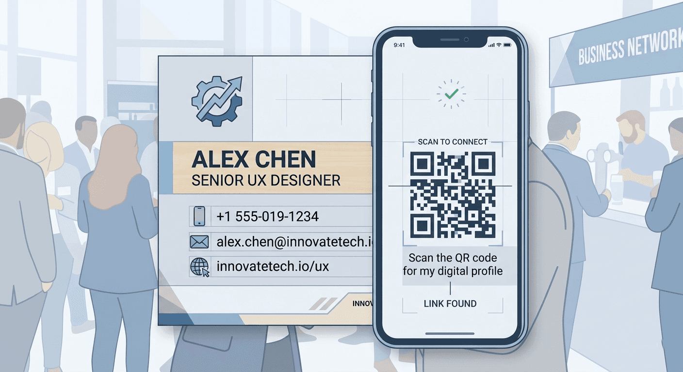 Vector illustration of scanning QR code on a business card using Habsy app