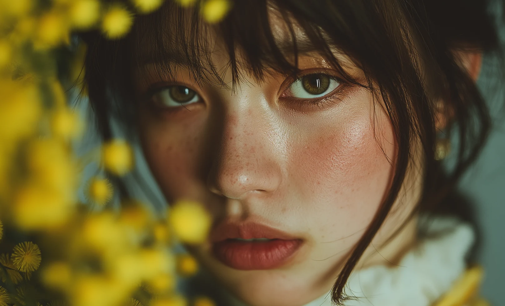 Close up portrait of a woman surrounded by yellow flowers