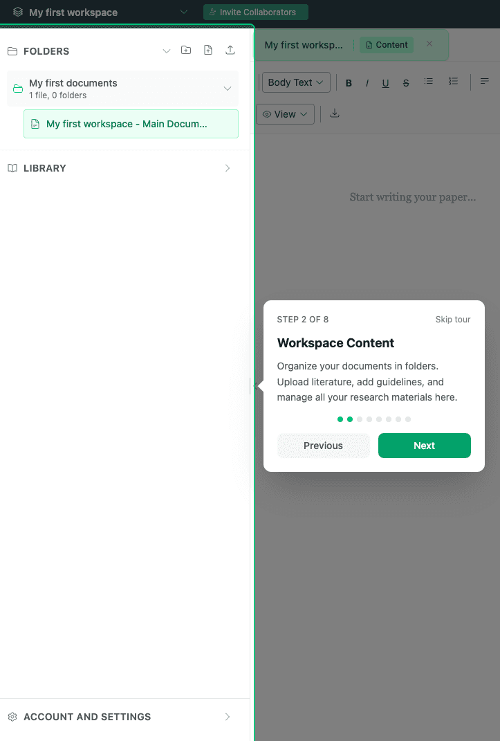 thesify Coauthor workspace content panel for organizing manuscript documents and research materials