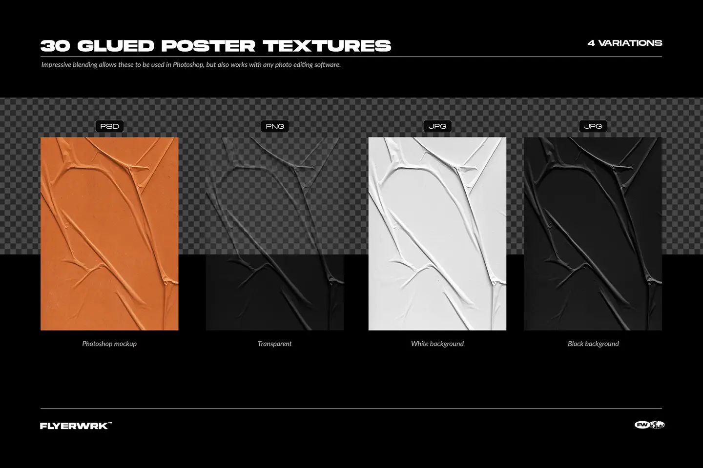 Glued poster textures preview showing PSD PNG and JPG texture format variations