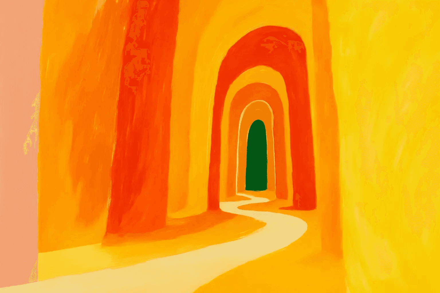 Abstract painting of arched layers in warm shades of orange, red, and yellow with a green center.