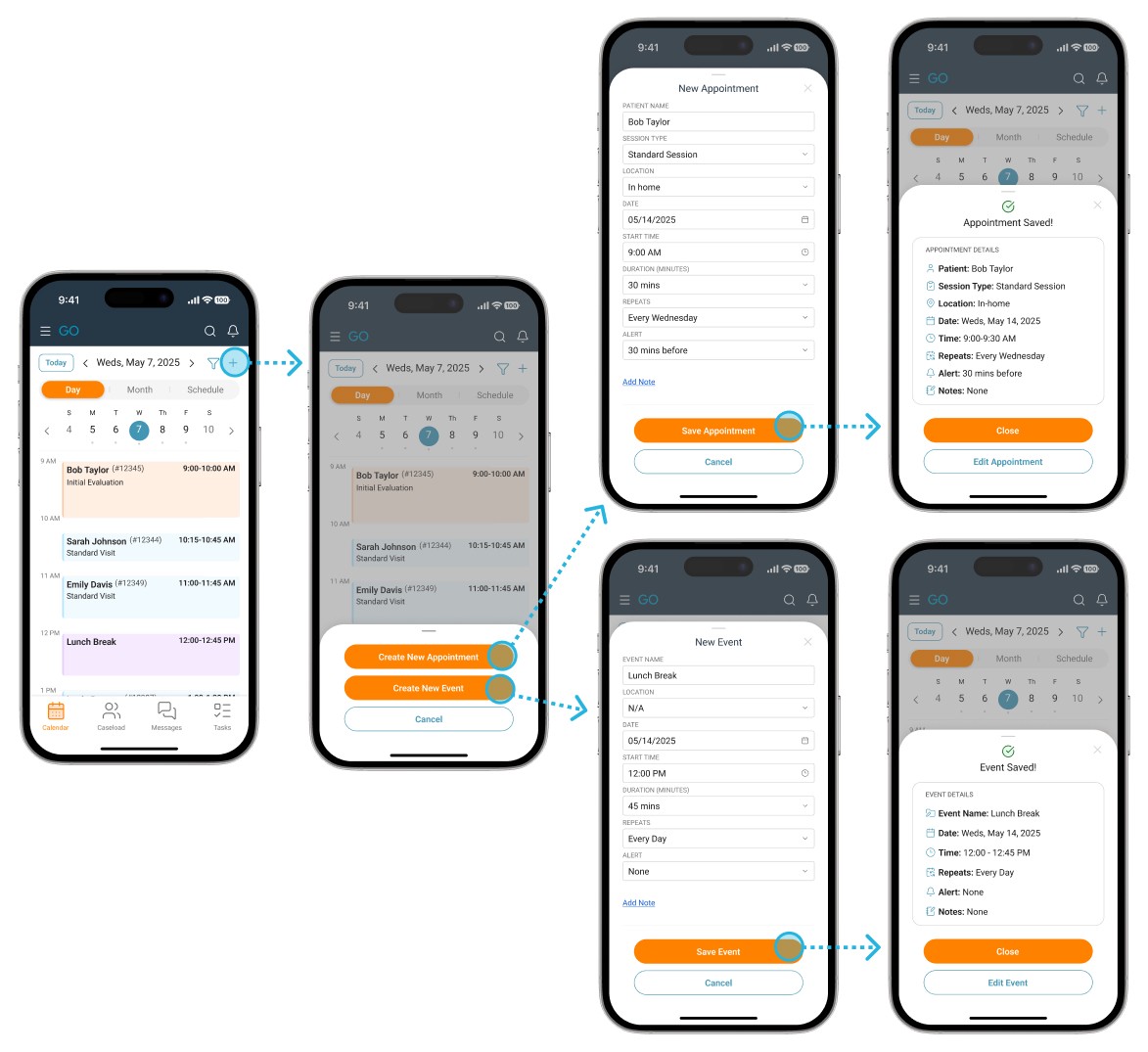 Hi-fidelity wireframes showing "create an appointment" flow