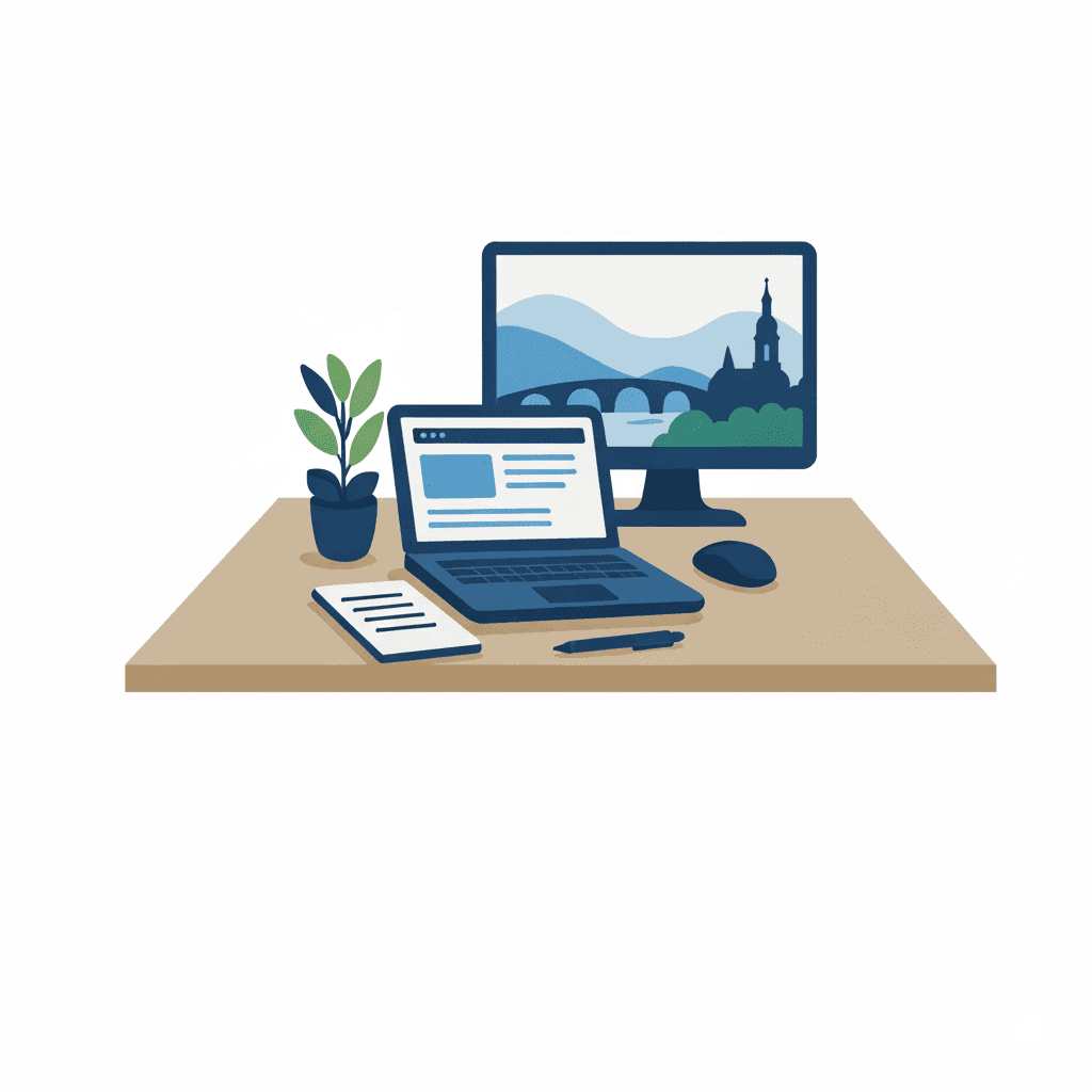 Illustration Arbeitsplatz mit Laptop und Heidelberger Skyline – Webdesign für Unternehmen in Heidelberg