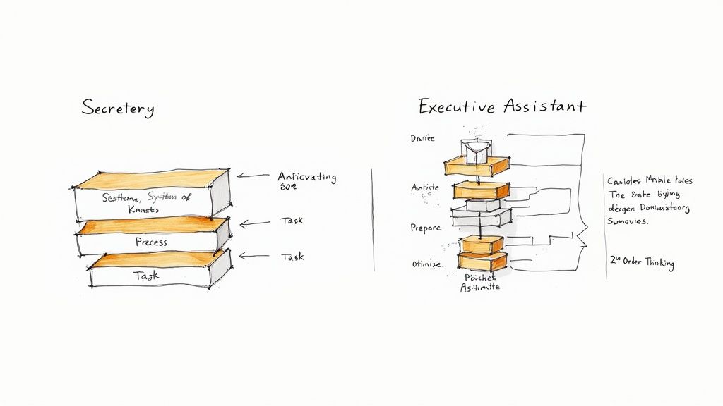 Handwritten diagram comparing Secretary and Executive Assistant roles, detailing tasks, processes, and strategic thinking levels.