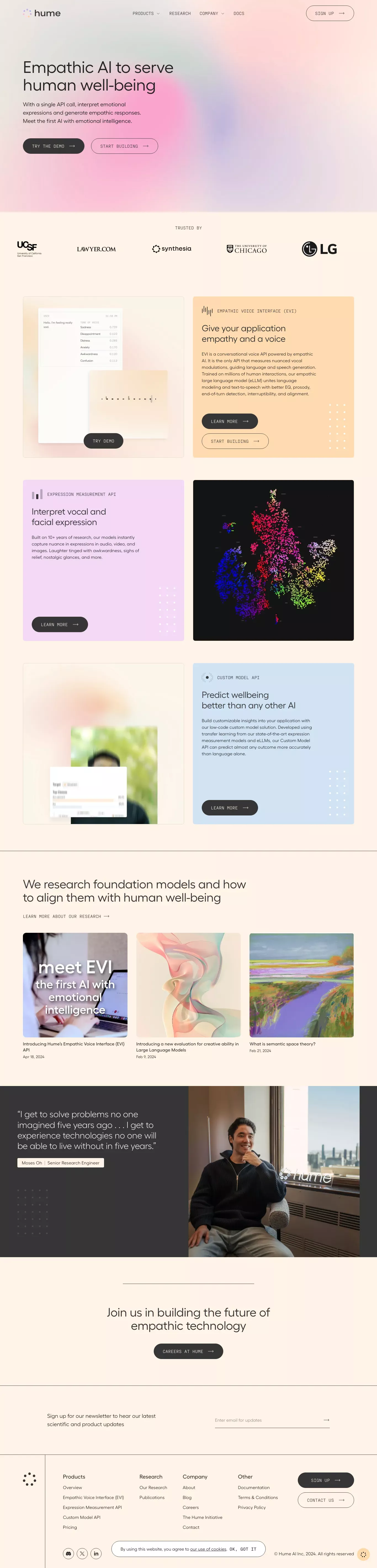 Hume AI landing page screenshot showcasing Tech and AI design