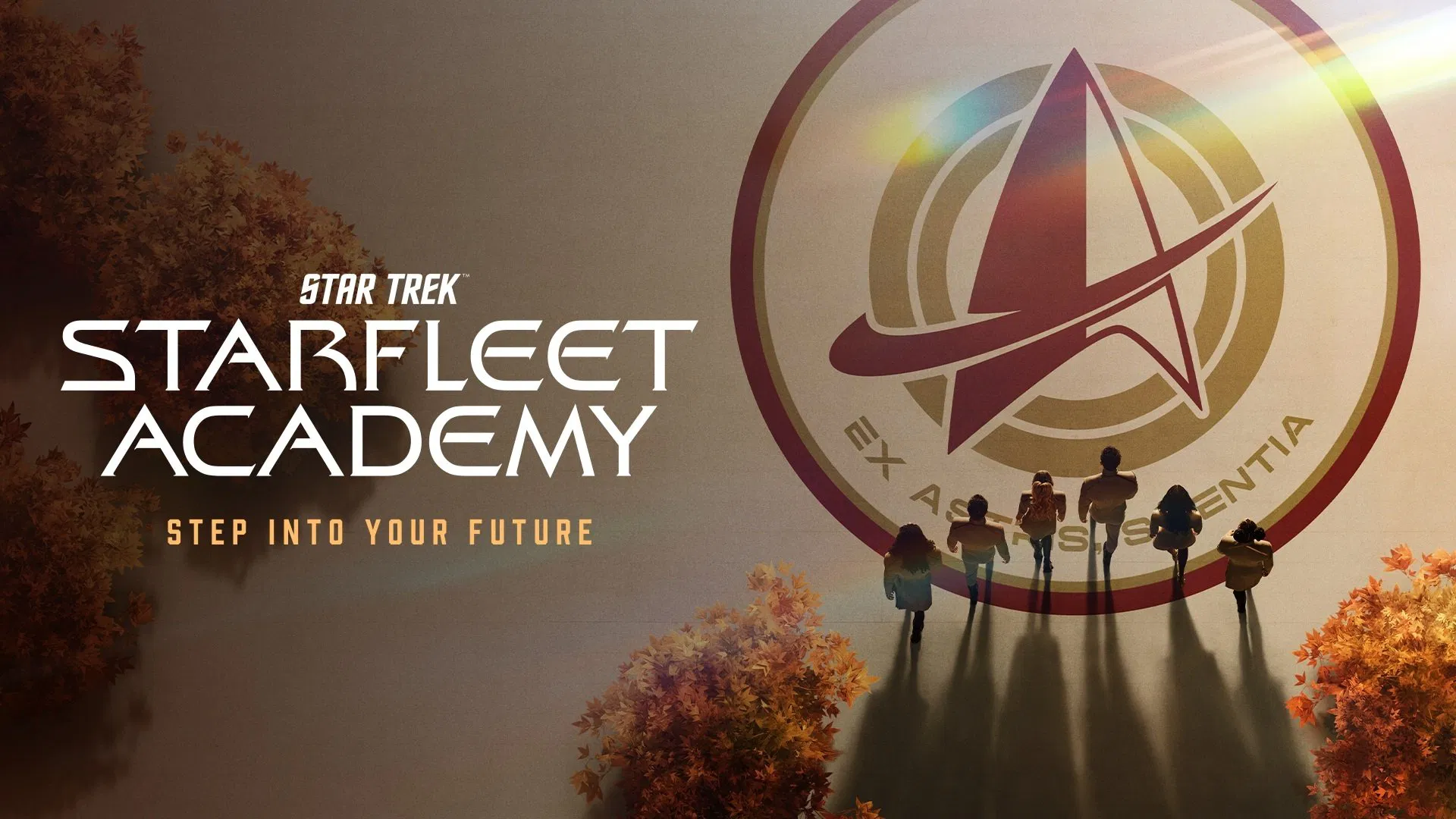 Image of "Star Trek: Starfleet Academy" promotional artwork featuring seven silhouetted figures standing on a platform beneath a large Starfleet emblem, surrounded by autumn-coloured trees, with text that reads "Step Into Your Future."