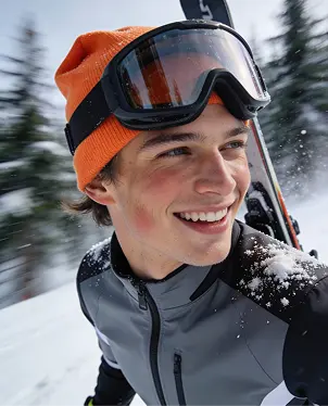 a vlogger making video by skitting in the snow