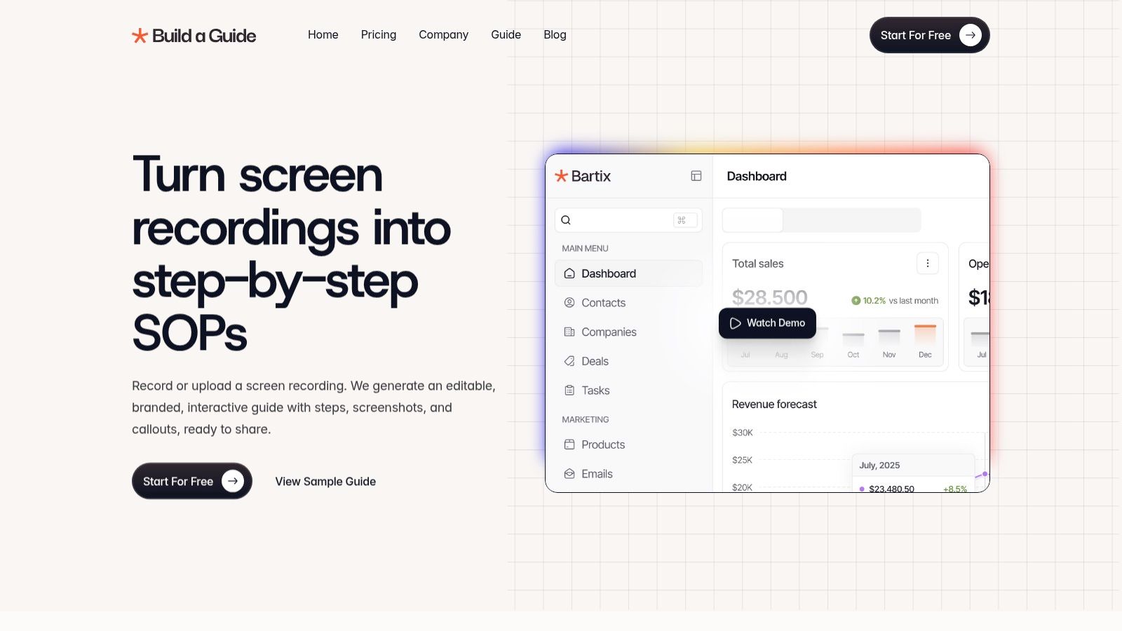 A user interface showing a step-by-step guide being created with screenshots and text descriptions in Build a Guide's platform.