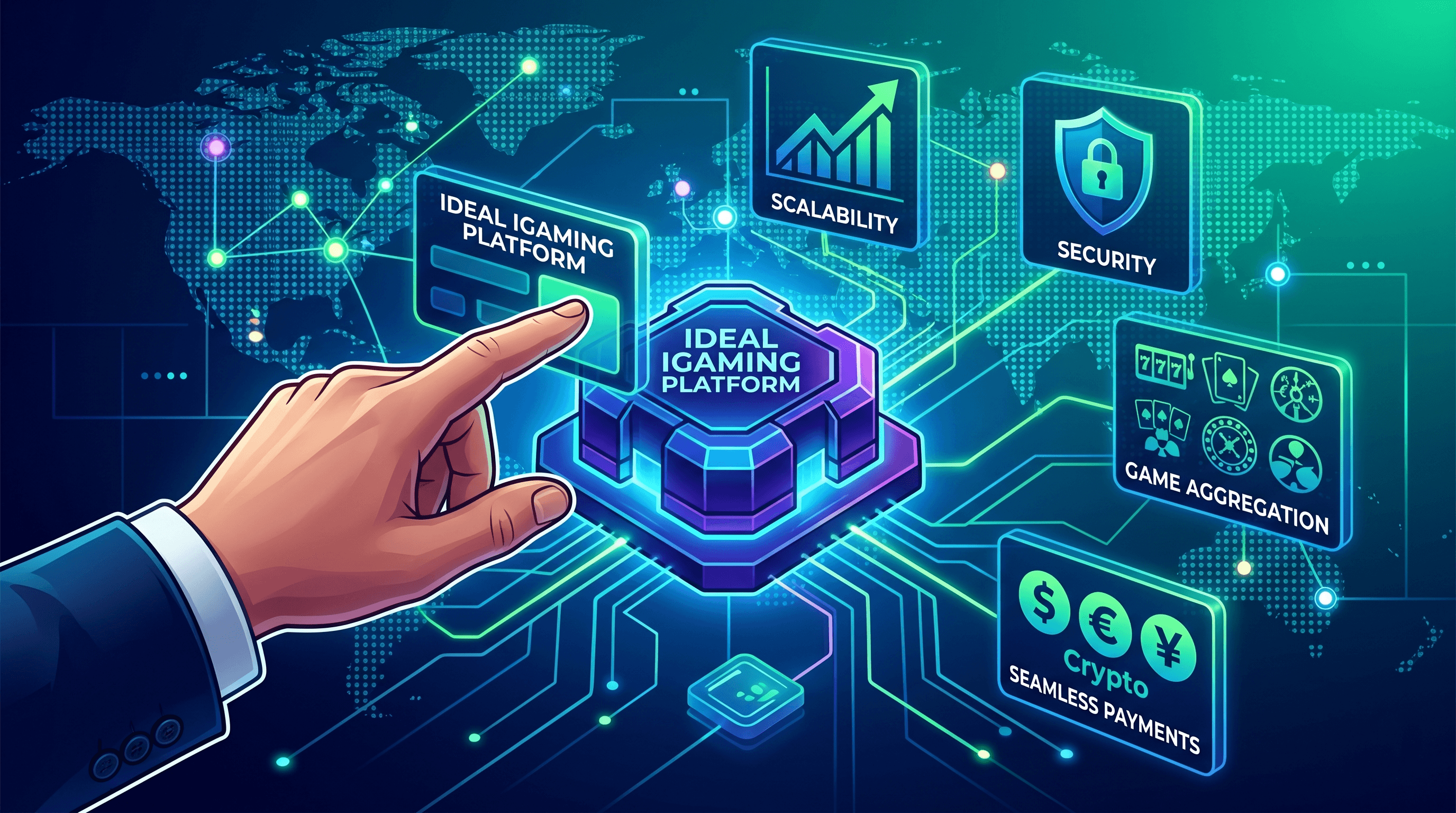 Futuristic digital control room with holographic dashboards displaying performance metrics and data streams for an iGaming platform