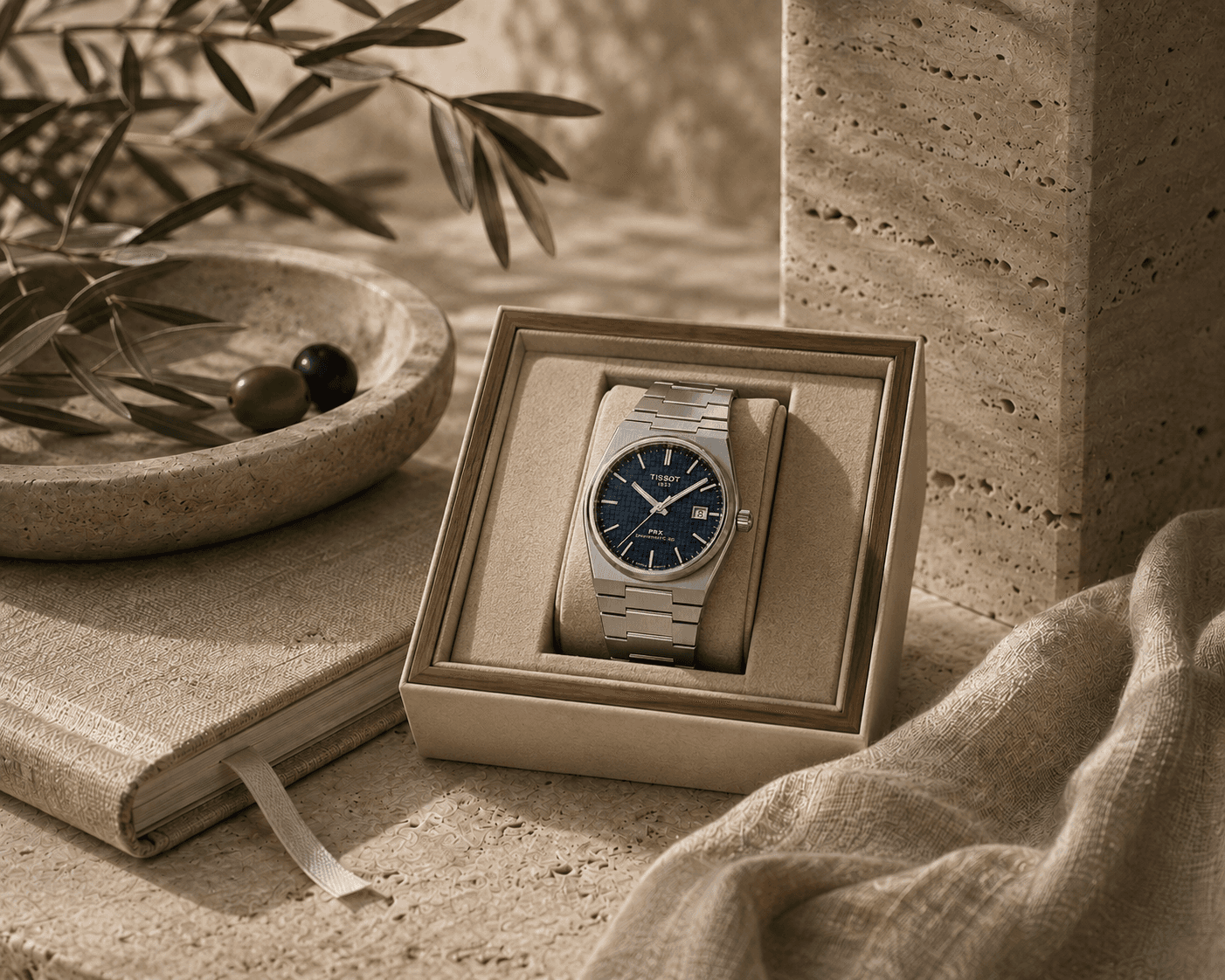 A Tissot PRX Powermatic 80 stainless steel watch featuring an integrated bracelet and a textured blue waffle-pattern dial displayed inside a neutral beige watch box with wood trim. The box sits on a travertine stone surface surrounded by a textured linen-bound book, a shallow stone bowl holding fresh olives, draped linen fabric, and a travertine pillar under warm, dappled sunlight.