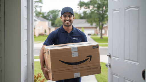 Delivery person smiling while handing over a large Amazon package at a customer’s doorstep.