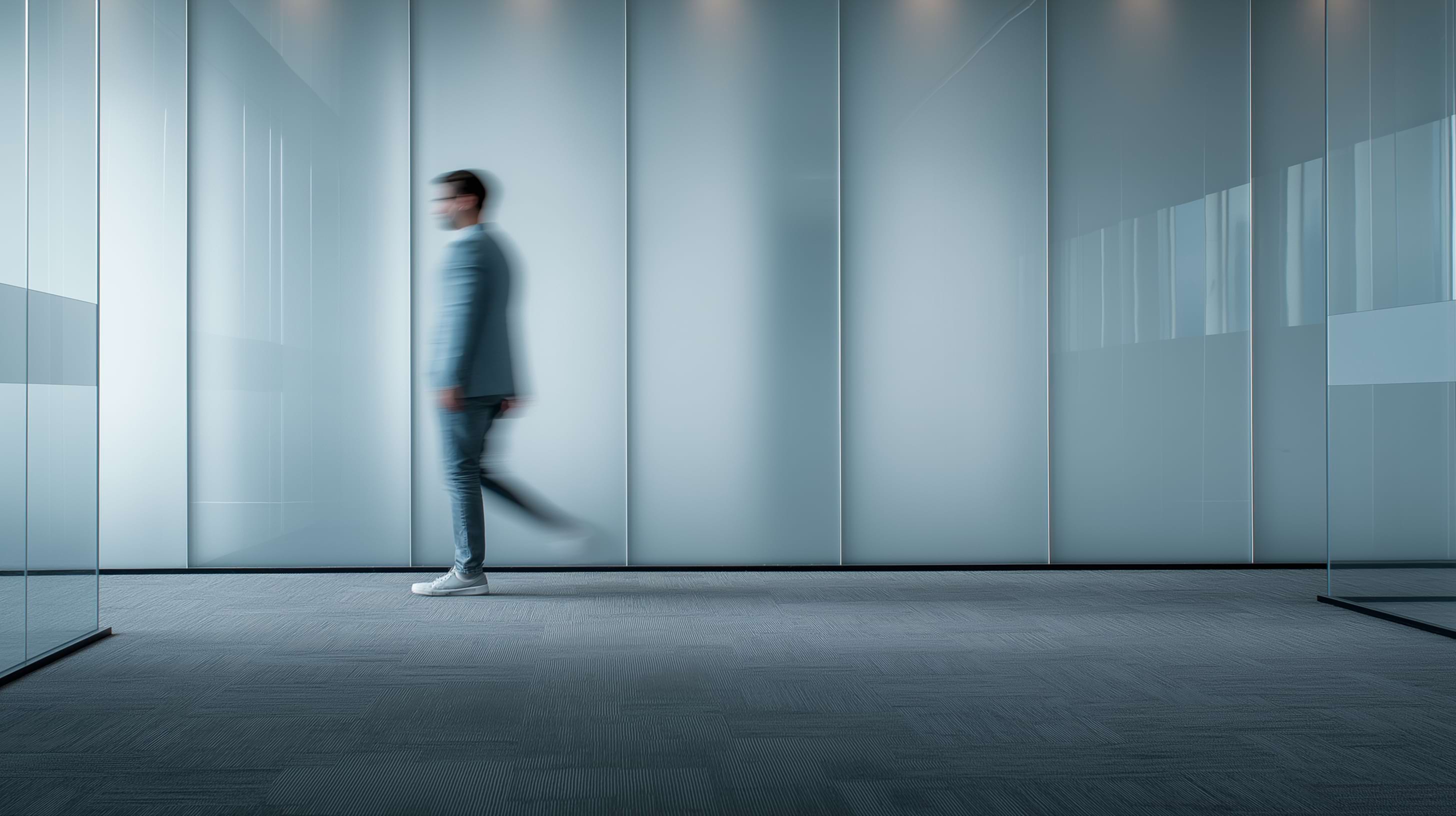 A blurred man in motion walks along a sleek, modern hallway with glass walls. The setting is minimalistic, conveying a sense of calm professionalism.