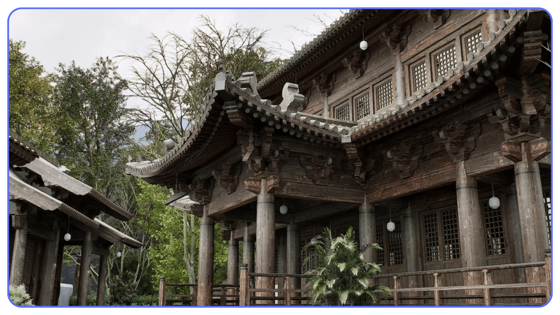 A detailed 3D render of traditional East Asian wooden temple structures surrounded by trees and greenery.