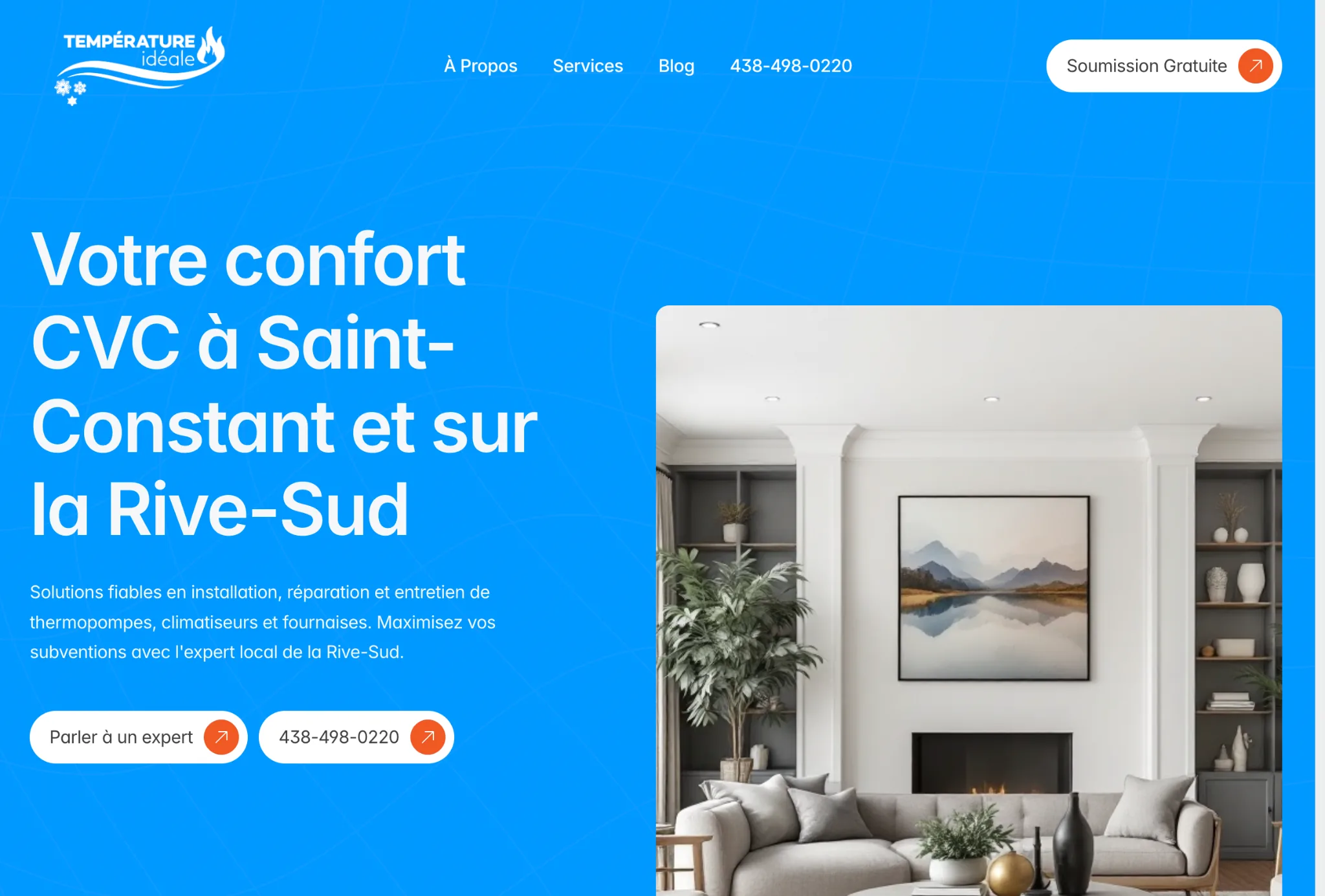 Nouveau site web de Température Idéale conçu par B503 Studio, plateforme optimisée pour la génération d’appels et les conversions à Saint-Constant et sur la Rive-Sud.