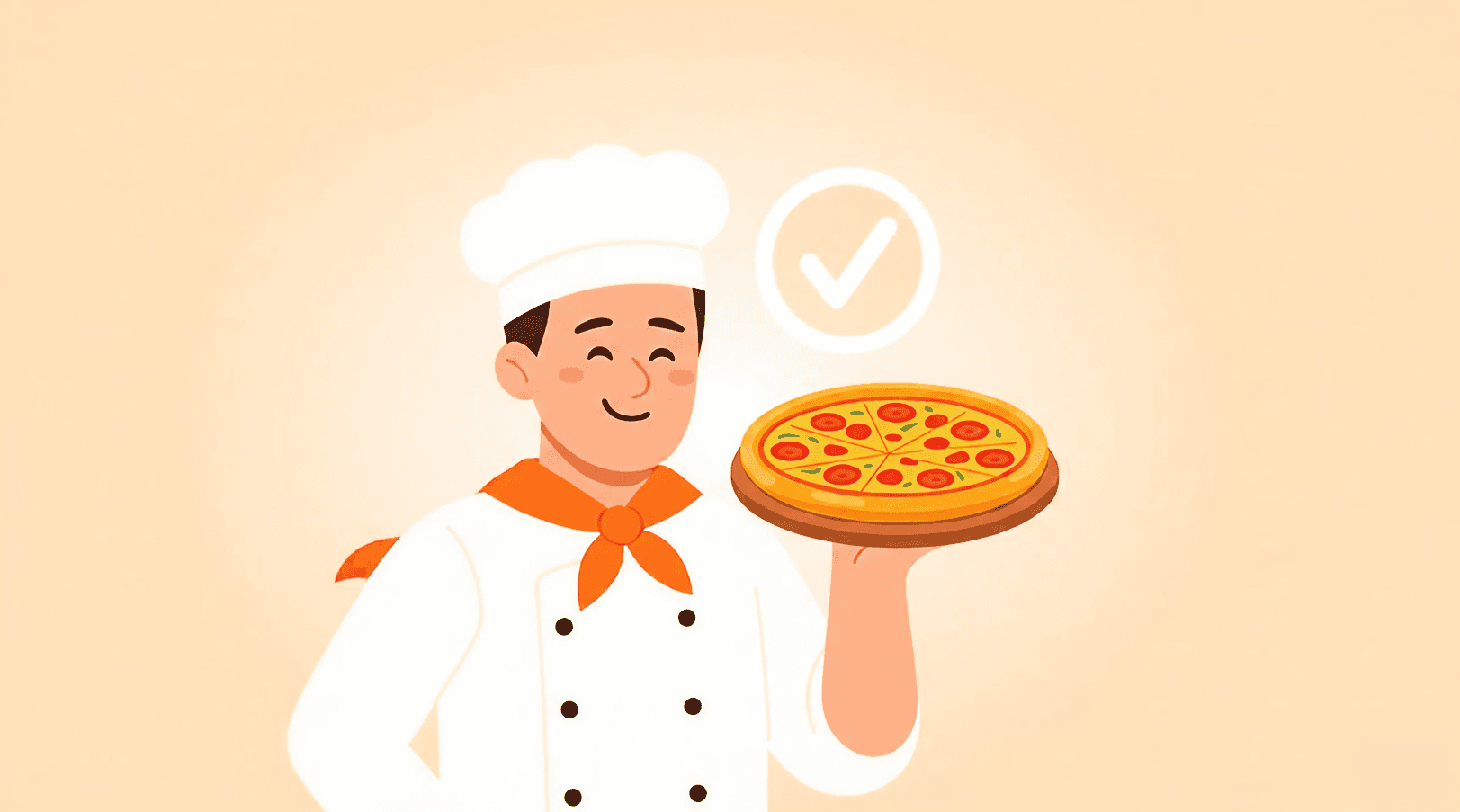 Chef holding a completed pizza with a checkmark. Ready for delivery