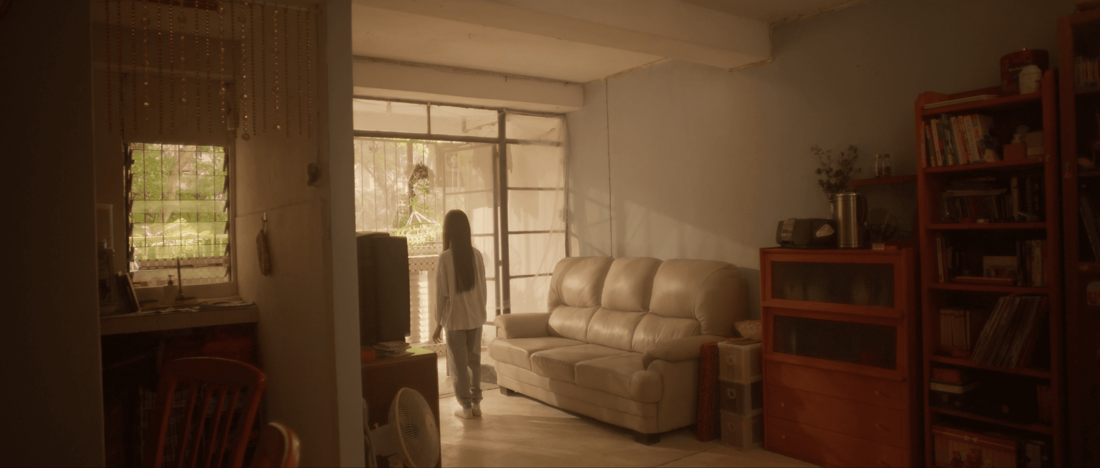 Alice travelled back to her childhood, and walking to the windows