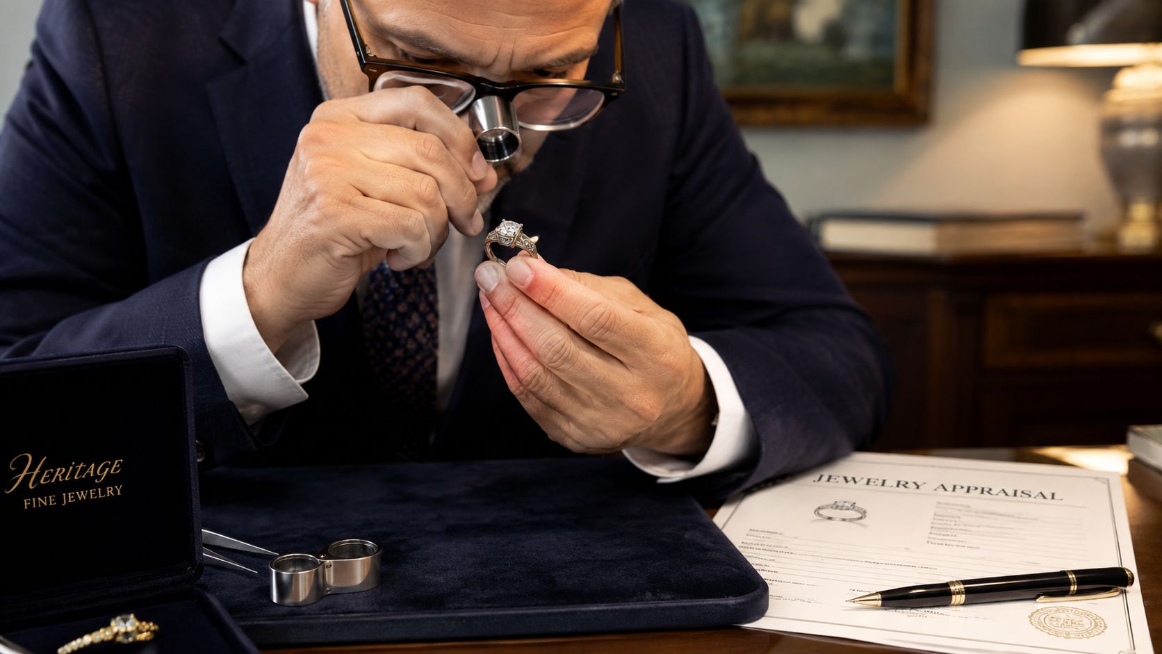 A professional jeweler carefully examining an antique diamond engagement ring with a magnifying loupe for appraisal.