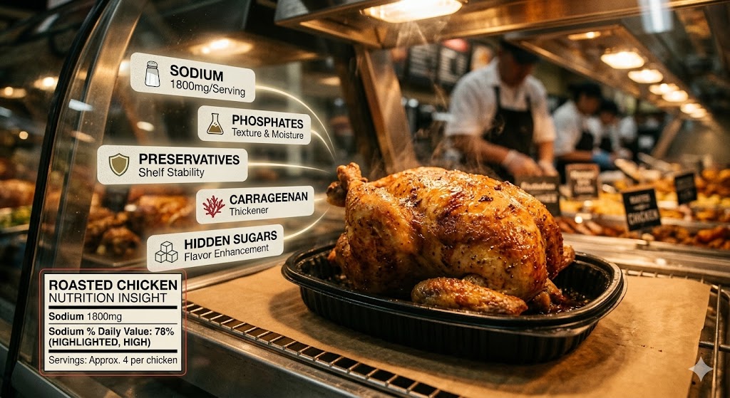 A hot roasted rotisserie chicken sits in a black plastic tray under warm lights at a grocery store deli. Floating ingredient bubbles highlight potentially unhealthy additives: sodium (1800mg/Serving), phosphates for texture, preservatives for shelf stability, carrageenan as a thickener, and hidden sugars for flavor. A nutrition label box shows high sodium content at 1800mg and 78% of the daily value.