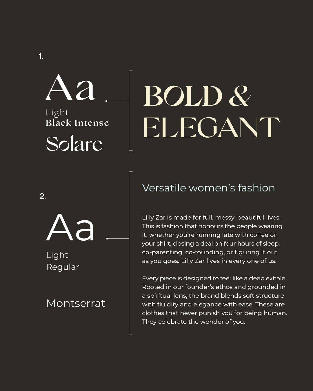 Solare and Montserrat typography used throughout the Lilly Zar identity.