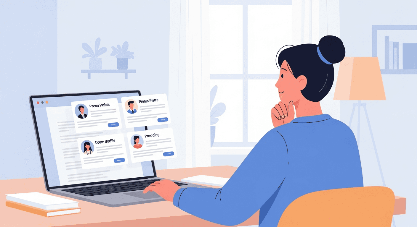 A clean, modern illustration showing a person sitting at a desk using a laptop to browse through virtual healthcare provider profiles. The screen displays multiple provider profile cards with photos and information. The person appears thoughtful and engaged, comparing options. The scene is set in a calm, well-lit home environment with soft natural lighting. Use a professional telehealth aesthetic with soft blues, whites, and warm neutral tones. Flat illustration style, minimal detail, approachable and professional healthcare tech feeling. No text or words visible anywhere in the image.