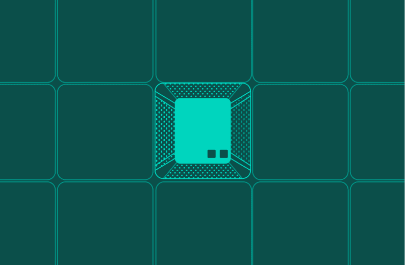 Minimal teal illustration of a microchip-like square in the center of a grid of rounded rectangles, suggesting hardware or processing.