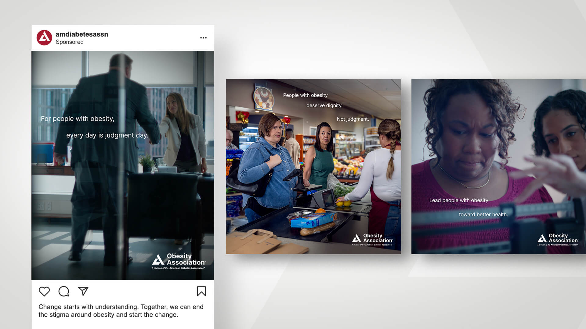 Three social media posts advocating for dignity and understanding for people with obesity, featuring diverse individuals and messages against stigma, from the Obesity Association.