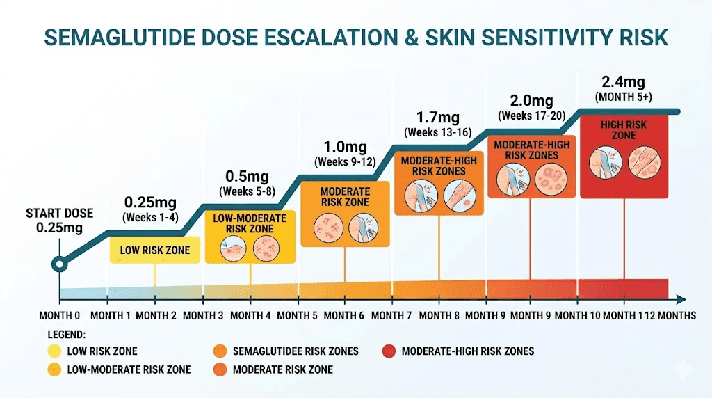Semaglutide dose escalation timeline with skin sensitivity risk zones