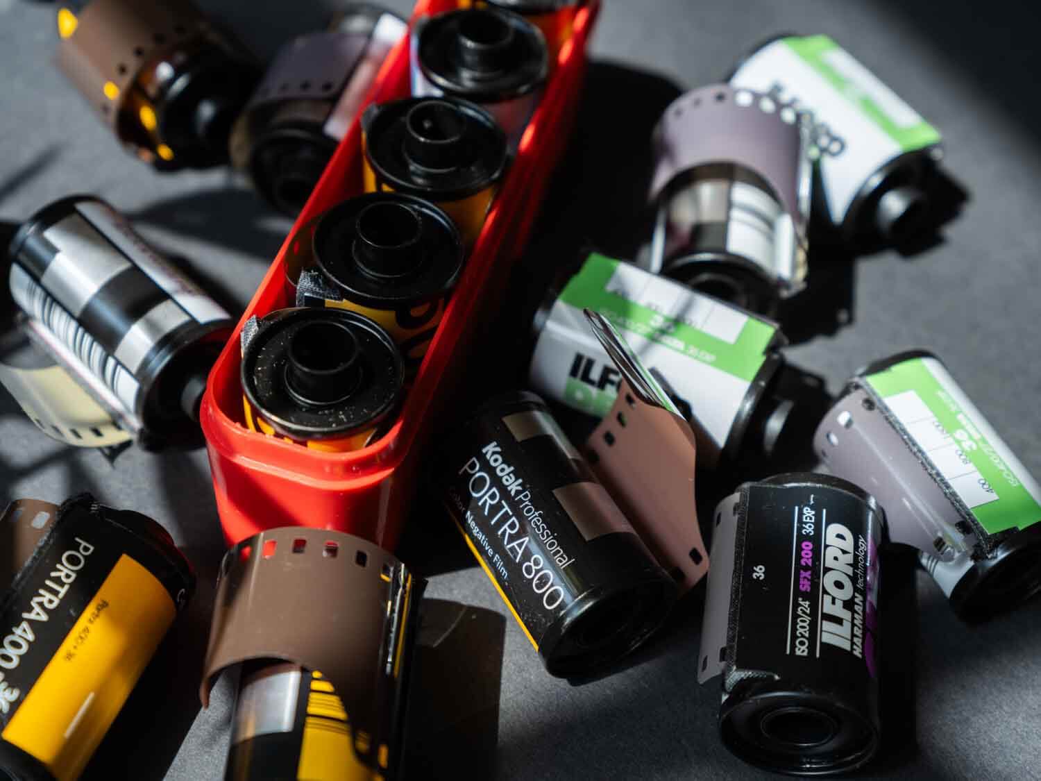 The film intended for travel laid out as a to go film kit for travel photography