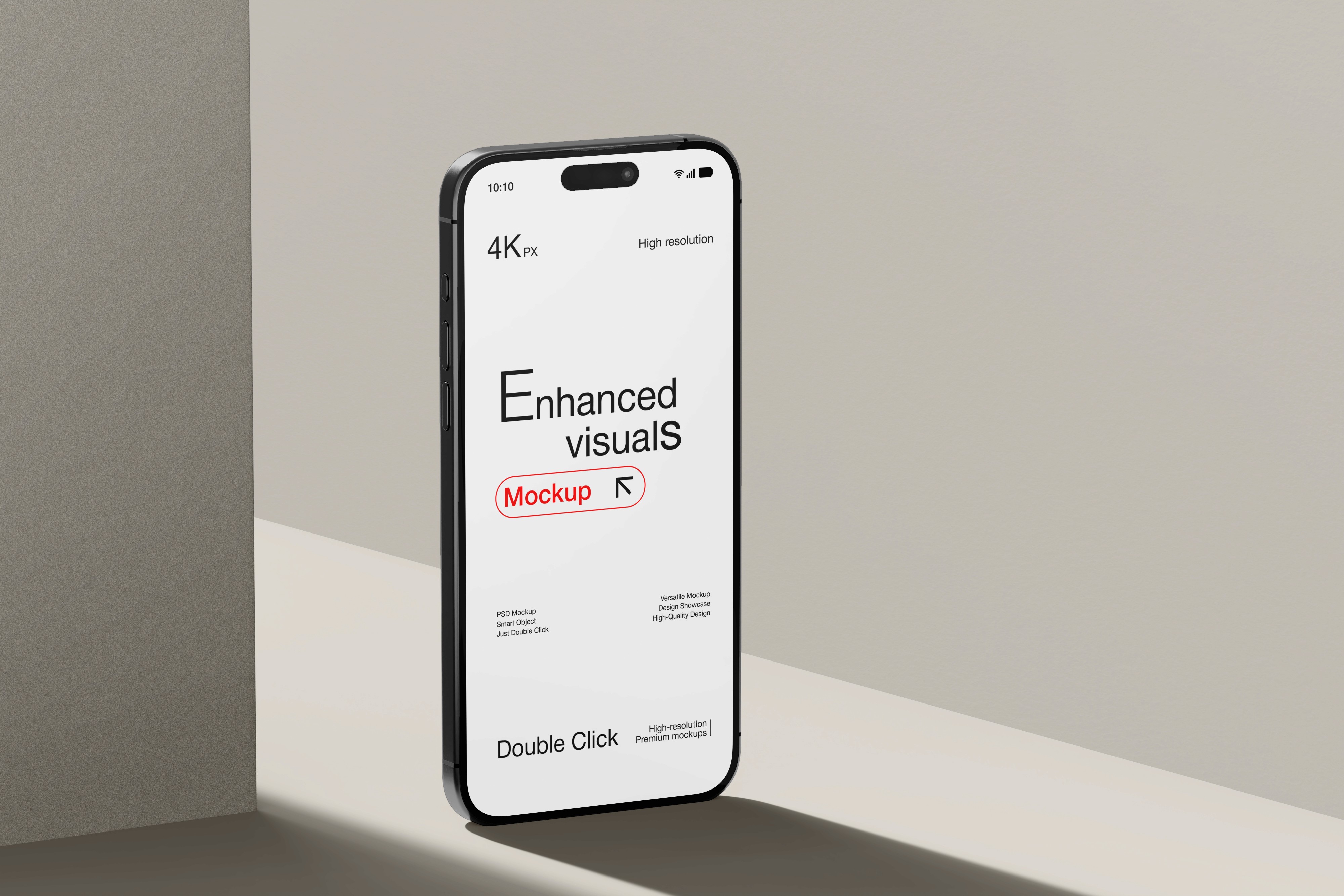 Smartphone mockup standing on a minimal beige surface displaying “Enhanced visuals” on the screen.