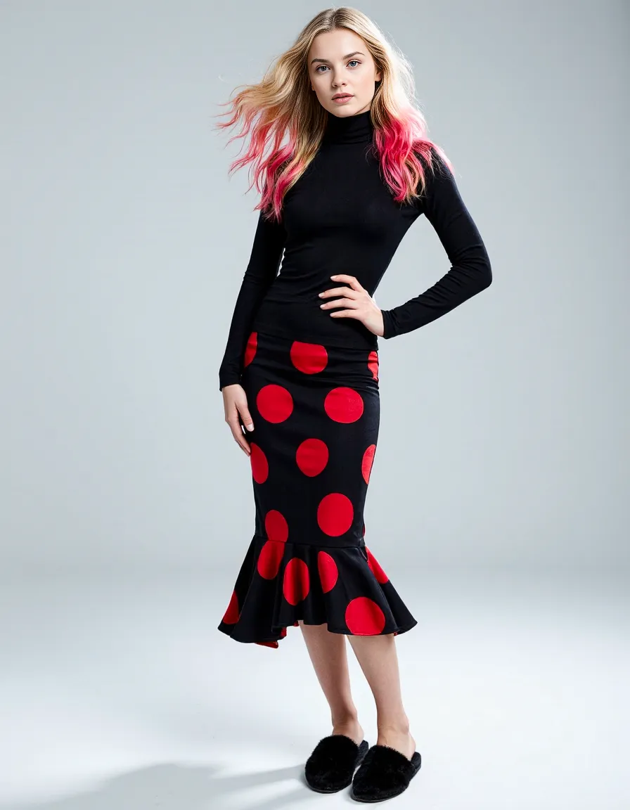 Fashion forward outfit with black turtleneck, red polka dot pencil skirt with flared hem, and blonde to pink ombre hair