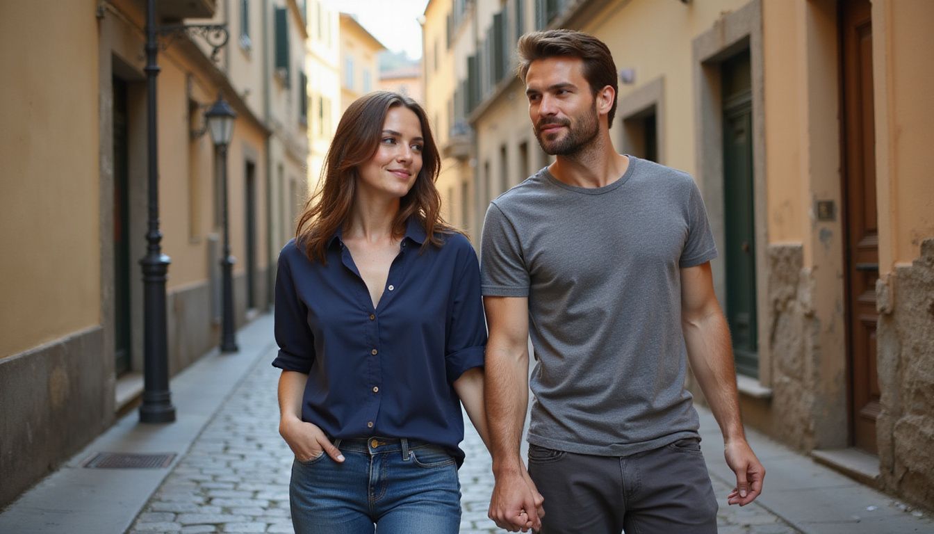 A couple strolls hand in hand through a charming Florence street.