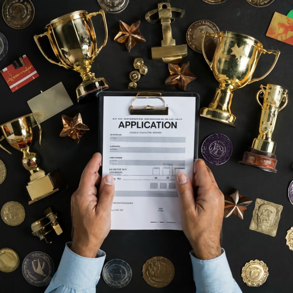 Hands holding an O Visa application form, with a background of trophies, certificates, and medals symbolizing extraordinary talent.