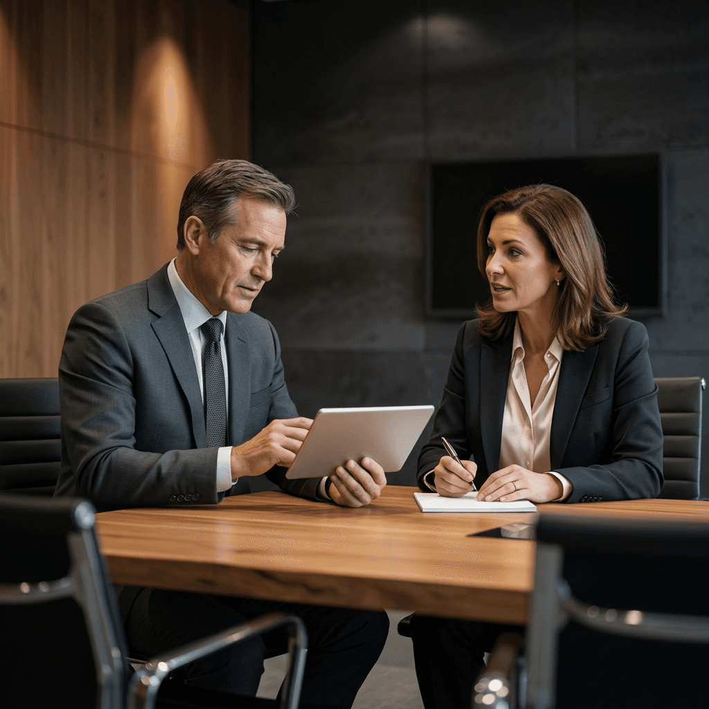 A Chief Financial Officer and a leadership coach having a meeting