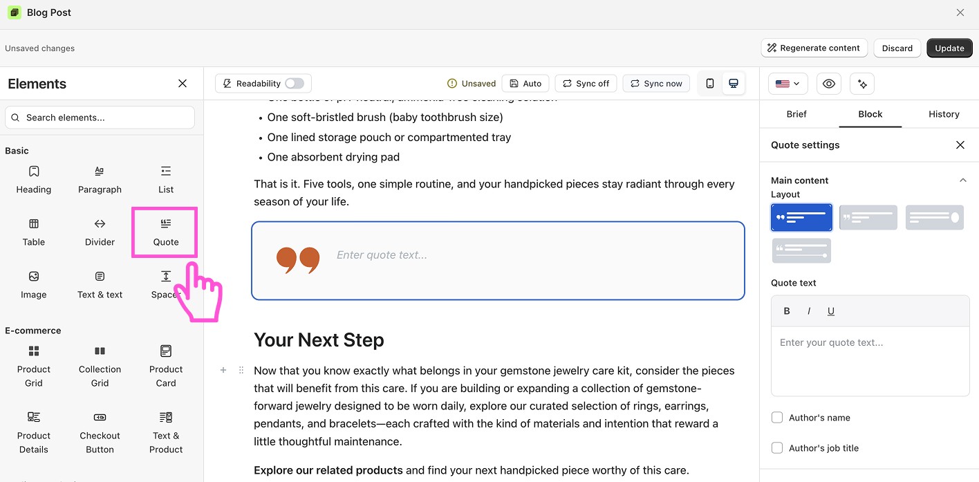 How to add a quote section to a blog post in Shopify?