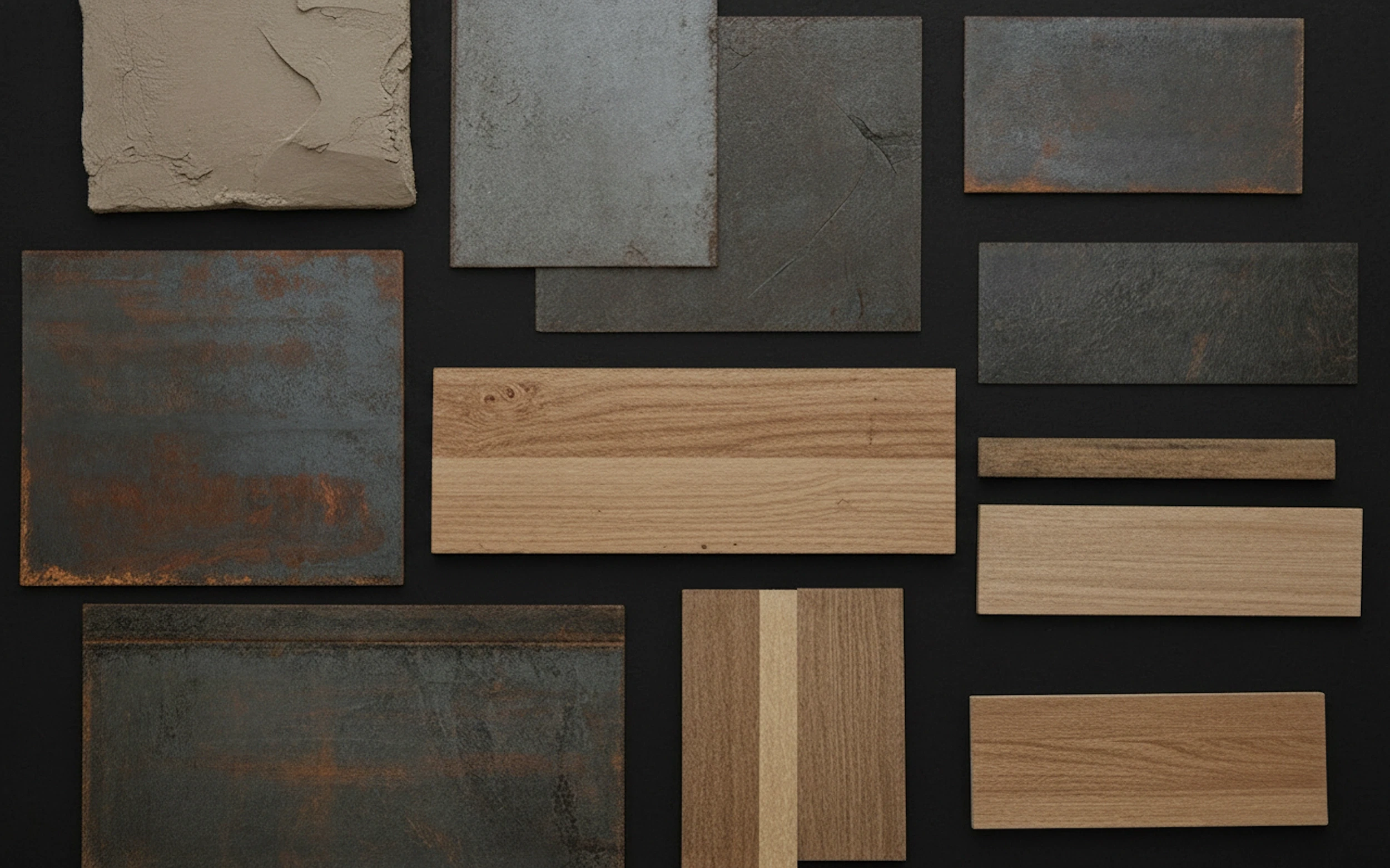 Architectural material palette with concrete, steel, and timber samples arranged on a dark background.