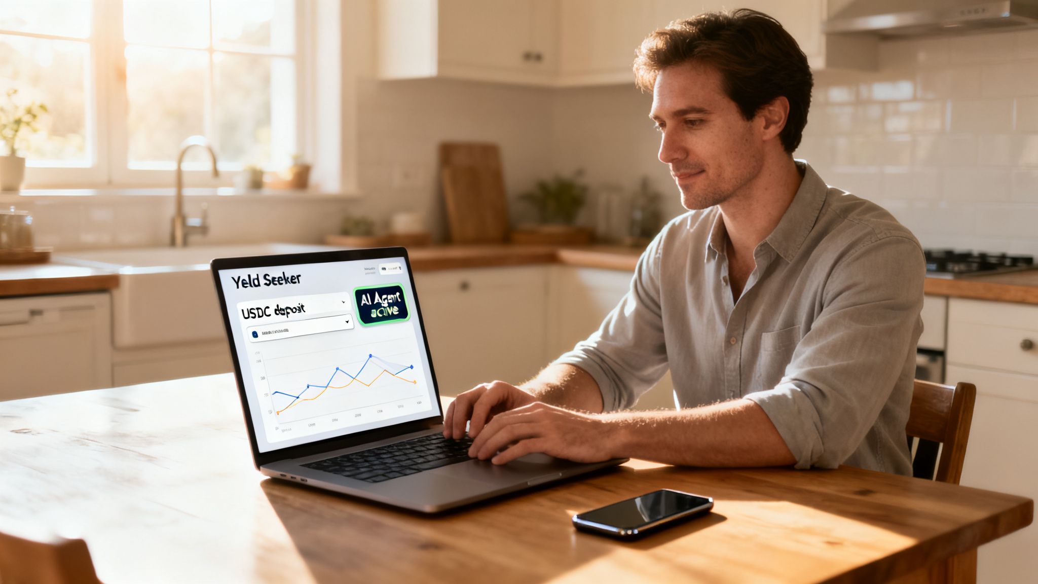 Man using a laptop in a bright kitchen, viewing a crypto yield management platform with an active AI agent.