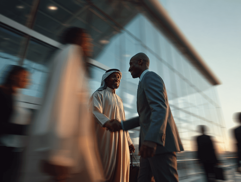 Saudi Arbian business man Shaking hands with Foreign Business man, Long exposure, slow shutter, motion blur background 