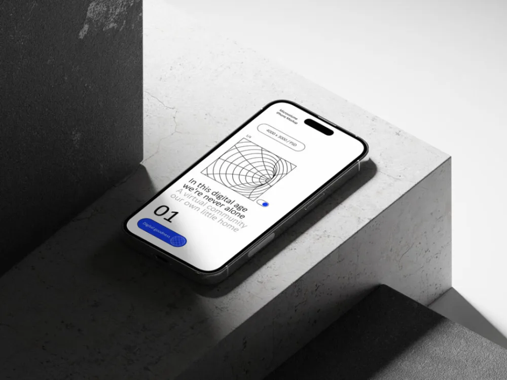 iPhone mockup displaying a modern interface, placed on a minimalist concrete surface with sharp shadows and natural lighting. The phone's sleek design contrasts with the textured, industrial-style background.