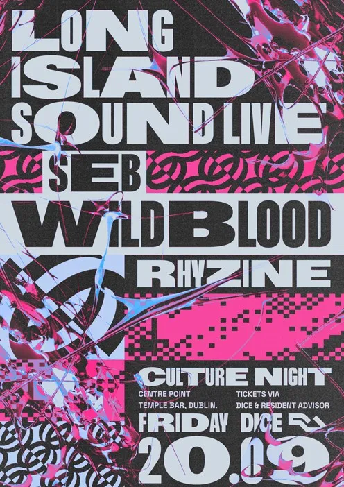 Pink and white poster with bold grunge-style fonts, text-heavy layout, and music event details.