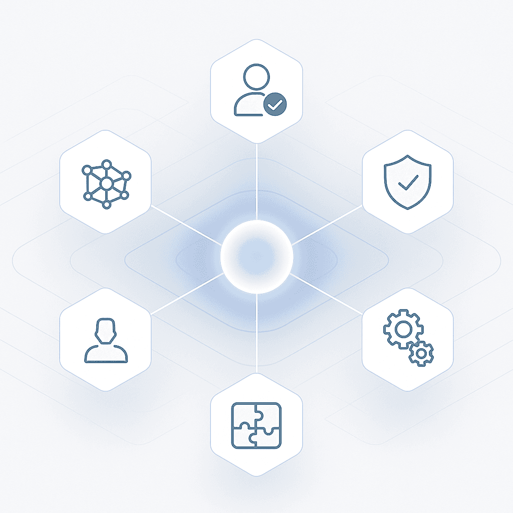 Diagram of six evaluation factors surrounding a central hub, illustrating balanced AEO platform selection