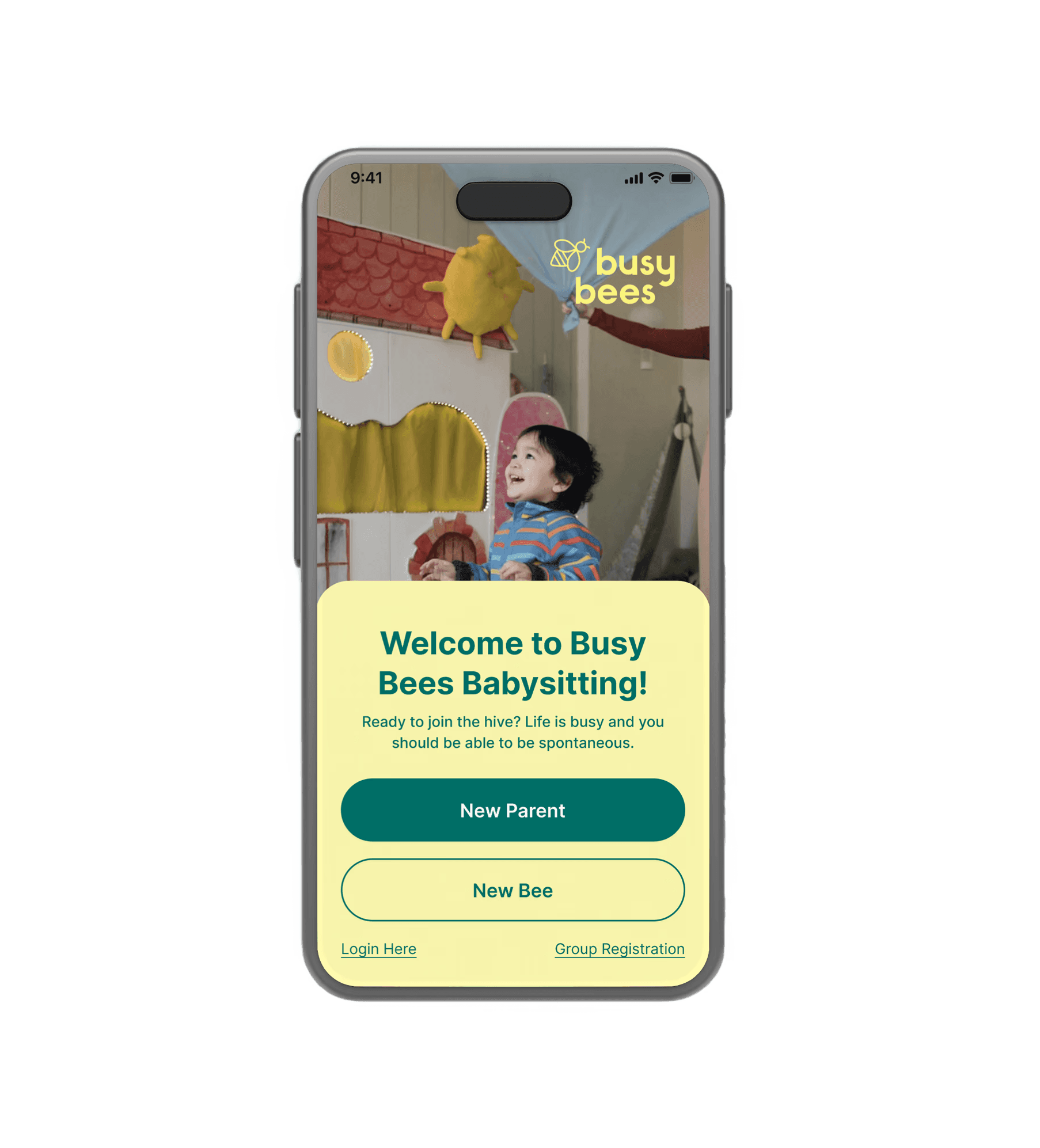 mobile mockup image of busy bees babysitting updated login screen