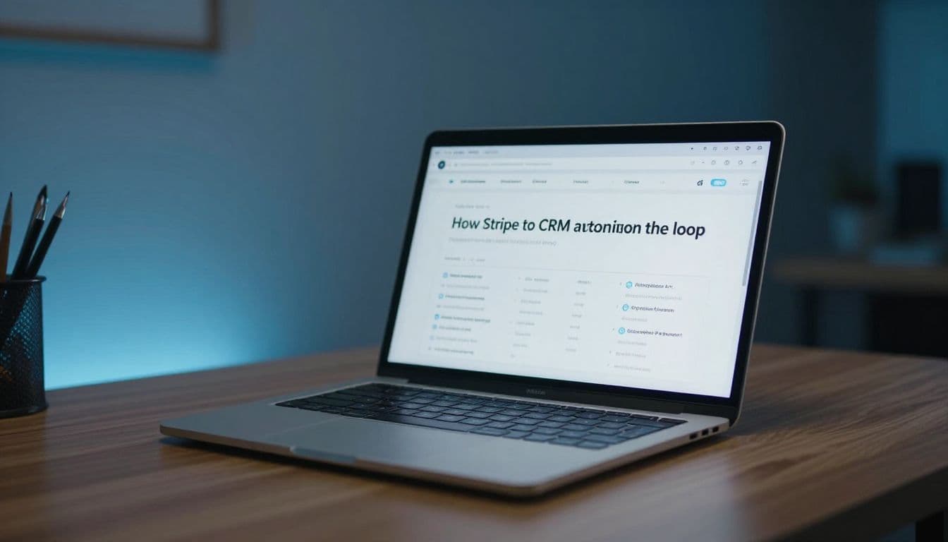 A sleek silver laptop sits open on a polished wooden desk, showing a blurred analytical dashboard screen. Cool blue ambient lighting illuminates the modern workspace interior during a quiet evening.
